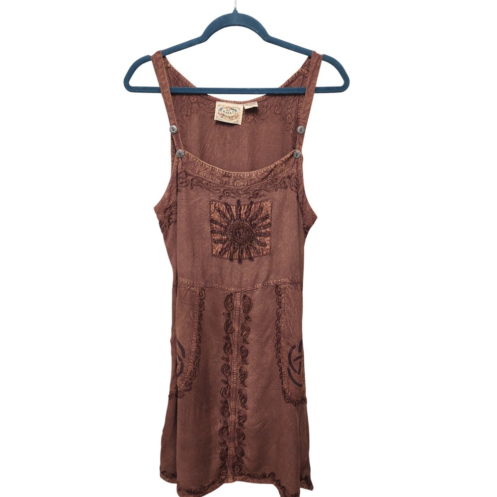 Boho Festival Vintage 90's vibe 24 Karat Brown Embroidered Pinafore Dress Sz M